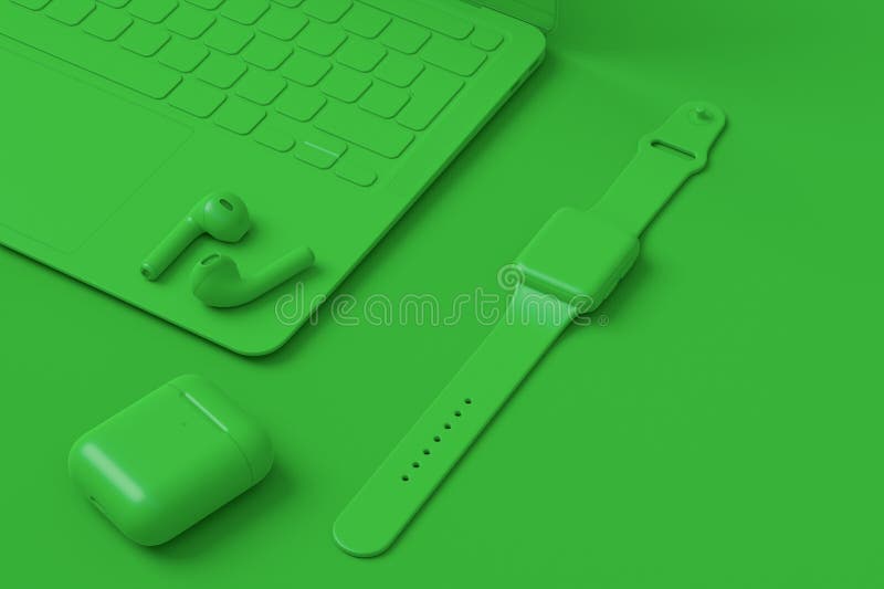 Aluminum computer tablet with stylus, smart watch, phone and headphones on monochrome background. 3D render concept of creative designer equipment and compact workspace. Aluminum computer tablet with stylus, smart watch, phone and headphones on monochrome background. 3D render concept of creative designer equipment and compact workspace