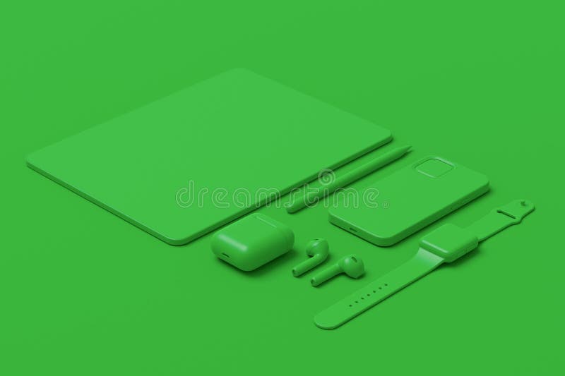 Aluminum computer tablet with stylus, smart watch, phone and headphones on monochrome background. 3D render concept of creative designer equipment and compact workspace. Aluminum computer tablet with stylus, smart watch, phone and headphones on monochrome background. 3D render concept of creative designer equipment and compact workspace