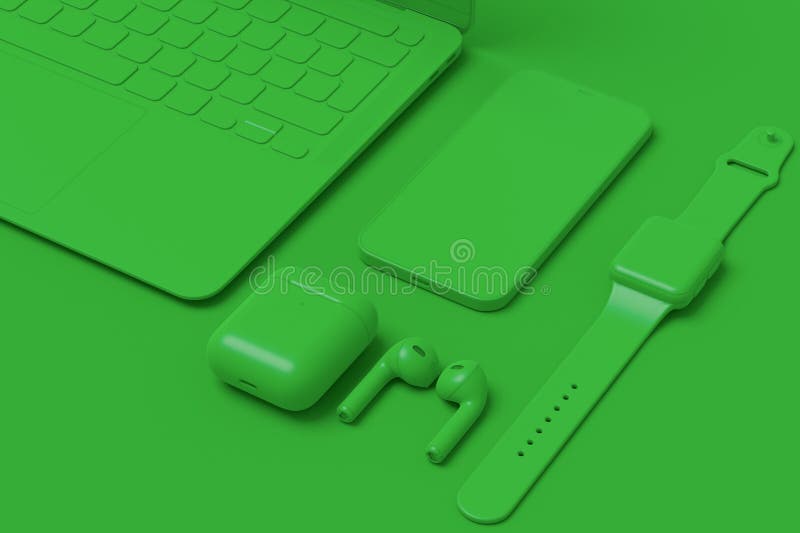 Aluminum computer tablet with stylus, smart watch, phone and headphones on monochrome background. 3D render concept of creative designer equipment and compact workspace. Aluminum computer tablet with stylus, smart watch, phone and headphones on monochrome background. 3D render concept of creative designer equipment and compact workspace