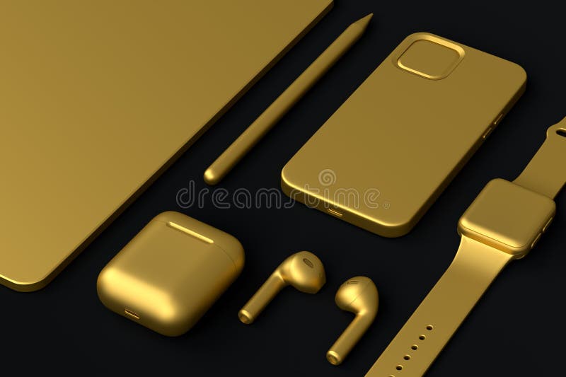 Top view of computer tablet with stylus, smart watch, phone and headphones isolated on black background. 3D rendering concept of creative designer equipment and compact workspace. Top view of computer tablet with stylus, smart watch, phone and headphones isolated on black background. 3D rendering concept of creative designer equipment and compact workspace