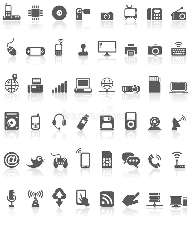 Illustration featuring collection of 48 grey black computer technology communication icons or symbols with reflection on white background. Check my portfolio for the complete set. Eps file is available. Illustration featuring collection of 48 grey black computer technology communication icons or symbols with reflection on white background. Check my portfolio for the complete set. Eps file is available.