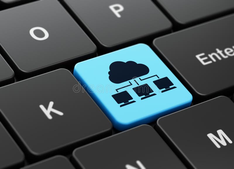 Cloud computing koncept počítačové klávesnice s Cloud Sítě ikony na zadejte pozadí tlačítka, 3d vykreslení.