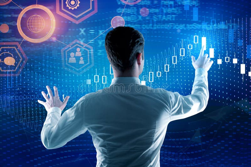 Businessman on abstract digital background with HTML code. Computing and management concept. Double exposure. Source code script stock images, royalty-free photos and pictures