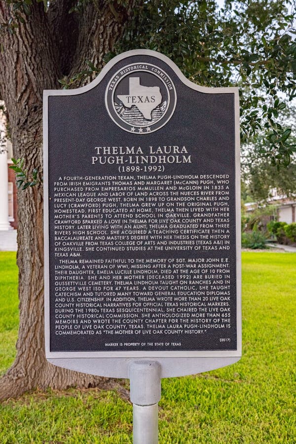 George West, Texas, USA - September 11, 2021: Plaque telling  the History of Thelma Laura Pugh-Lindholm. George West, Texas, USA - September 11, 2021: Plaque telling  the History of Thelma Laura Pugh-Lindholm