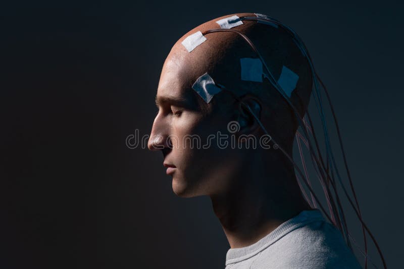 Neurointerface, brain - computer communication. Cyberpunk concept of a futuristic person connected to virtual reality, digitization of consciousness. Neurointerface, brain - computer communication. Cyberpunk concept of a futuristic person connected to virtual reality, digitization of consciousness.