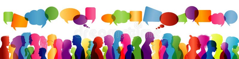 Comunicazione fra la gente Gruppo di persone conversazione Conversazione della folla Siluetta colorata di profilo Bolla di discor