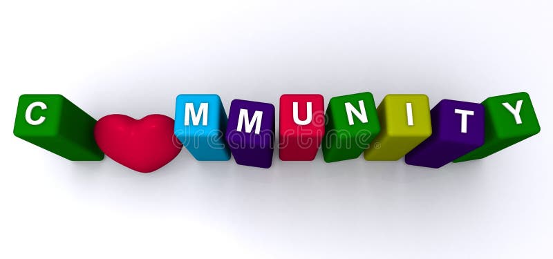 Text 'community' inscribed in white uppercase letters on small colored cubes, but with the letter 'o' replaced with a small red heart shape, white background. Text 'community' inscribed in white uppercase letters on small colored cubes, but with the letter 'o' replaced with a small red heart shape, white background.