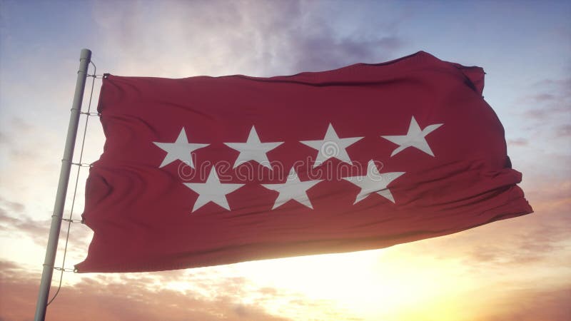 Comunidade de madrid flag spanha no céu eólico e fundo solar ilustração do vetor