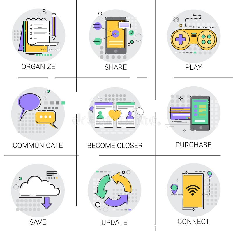 Comunique el sistema en línea del icono de Applicatios de la red que hace compras de la comunicación de la base de datos social d ilustración del vector Comunique el sistema en línea del icono de Applicatios de la red que hace compras de la comunicación de la base de datos social d ilustración del vector