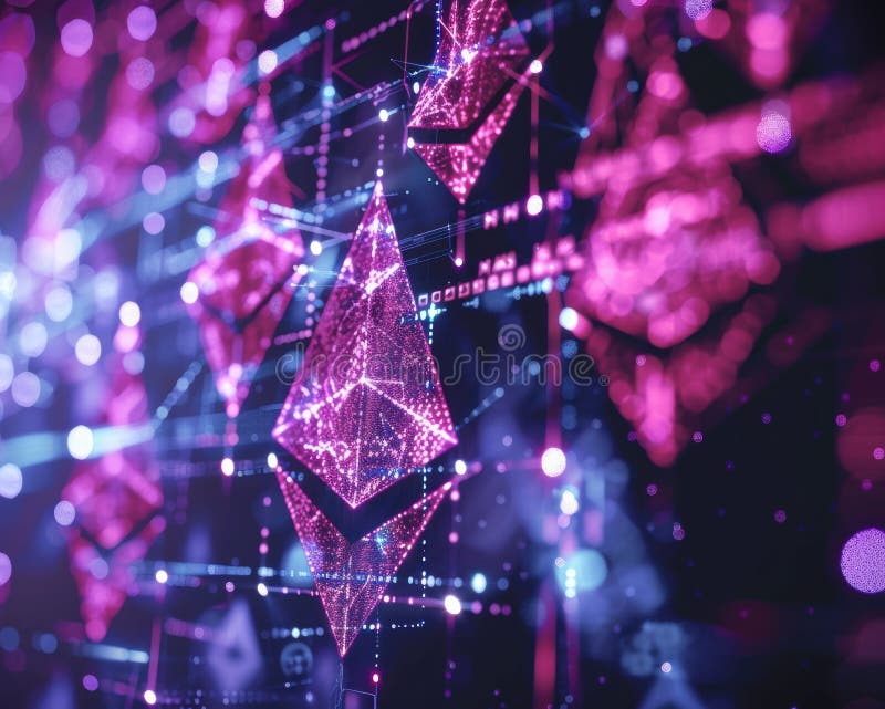 Con elementos rojos brillantes una instalación de hardware de minería de eéreo futurista simboliza la tecnología de blockchain y l imagen de archivo libre de regalías