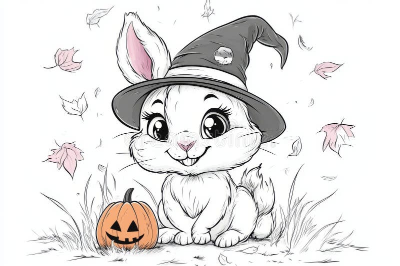 Con un coniglio carino che indossa un cappello di Halloween con una lanterna di zucca in un libro di colori immagine stock