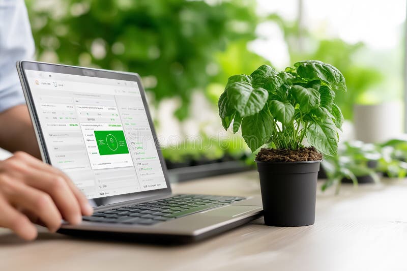 Con un portátil en mano, un agricultor ajusta de forma experta los ajustes de invernadero a través de paneles avanzados. Las plant fotografía de archivo
