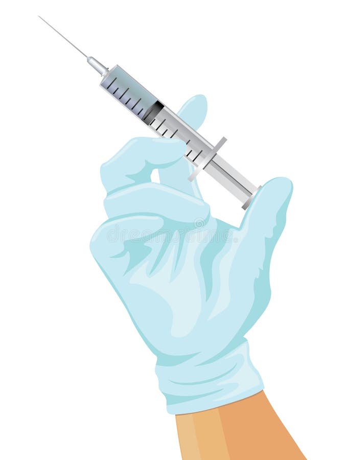 Illustration of isolated hand, wearing surgical glove, holding a syringe close-up. Illustration of isolated hand, wearing surgical glove, holding a syringe close-up