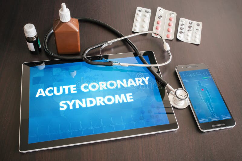 Acute coronary syndrome (heart disorder) diagnosis medical concept on tablet screen with stethoscope. Acute coronary syndrome (heart disorder) diagnosis medical concept on tablet screen with stethoscope.