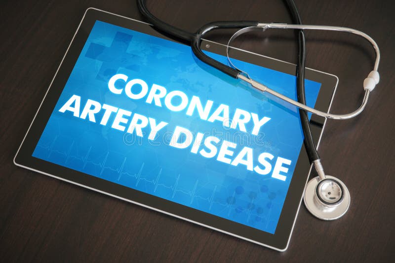 Coronary artery disease (heart disorder) diagnosis medical concept on tablet screen with stethoscope. Coronary artery disease (heart disorder) diagnosis medical concept on tablet screen with stethoscope.