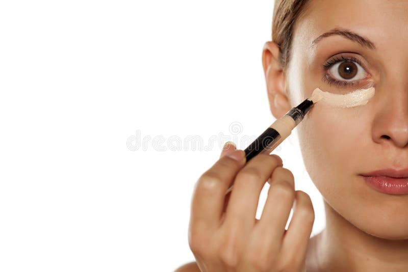 Naked Beautiful Blonde Woman With Makeup And Black Nails Applying Beige Lip Gloss Isolated On White Duck Face, Beauty