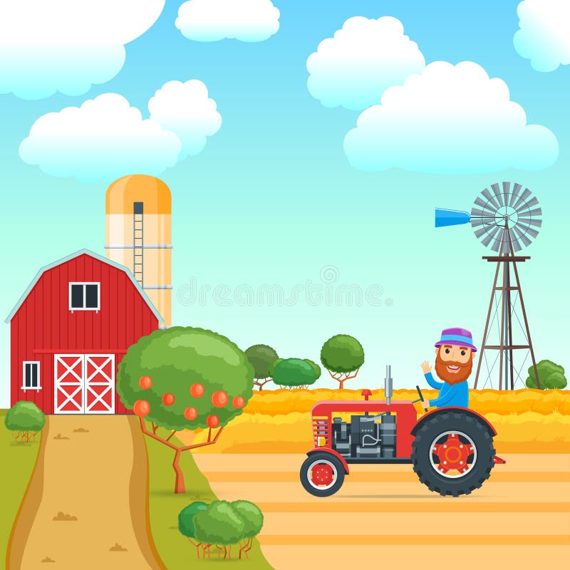Trator E Agricultor De Cena De Desenho Animado Na Exploração Ilustração  Stock - Ilustração de fazendeiro, cultivo: 257315905