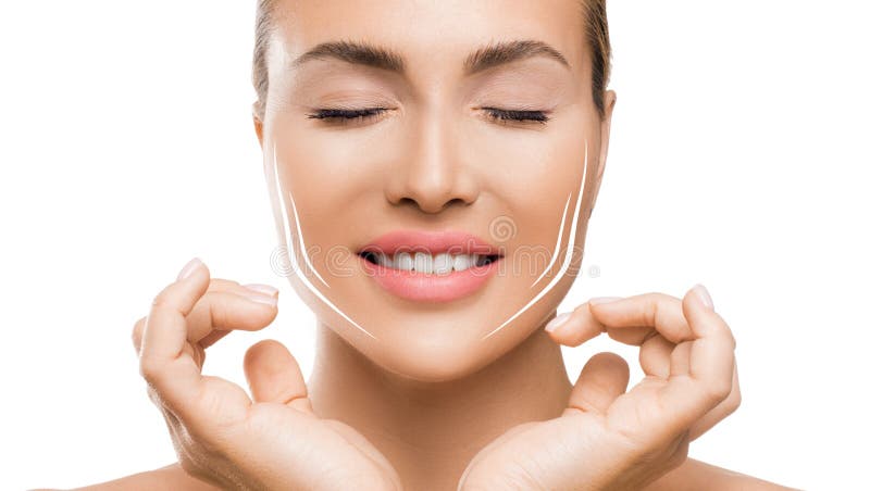 Conceito antienvelhecimento da mulher do skincare do tratamento da face lift no fundo branco
