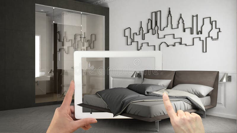 Conceito de realidade aumentada. Mão a segurar tablet com aplicação de RA utilizada para simular móveis e produtos de design de in ilustração do vetor