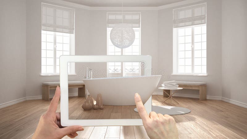 Conceito de realidade aumentada. Mão a segurar tablet com aplicação de RA utilizada para simular móveis e produtos de design de in ilustração stock