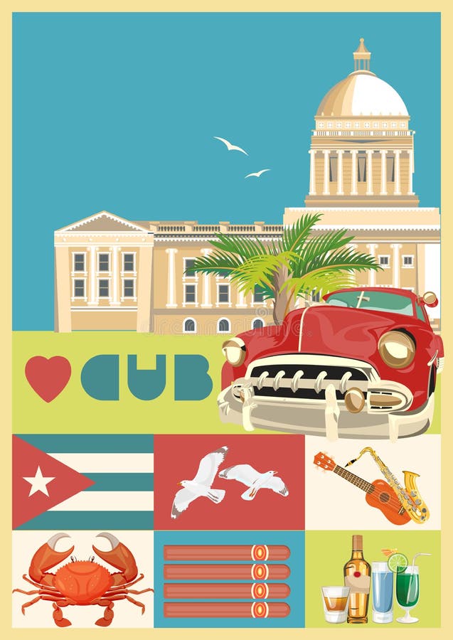 Conceito colorido do cartão do curso de Cuba com bandeira cubana Estilo do vintage Ilustração do vetor com cultura cubana ilustração do vetor Conceito colorido do cartão do curso de Cuba com bandeira cubana Estilo do vintage Ilustração do vetor com cultura cubana ilustração do vetor