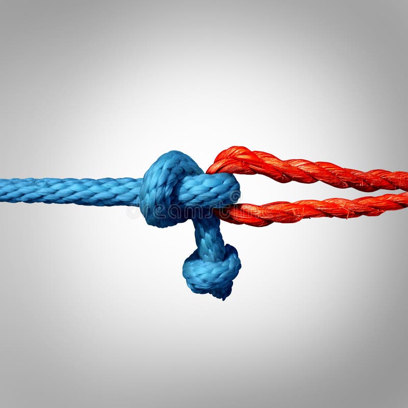 Connected concept as two different ropes tied and linked together as an unbreakable chain as a trust and faith metaphor for dependence and reliance on a trusted partner for support and strength. Connected concept as two different ropes tied and linked together as an unbreakable chain as a trust and faith metaphor for dependence and reliance on a trusted partner for support and strength.