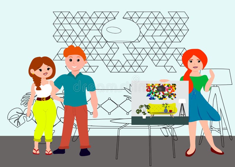 Conceito da arquitetura e de design de interiores com o arquiteto do desenhista das mulheres e pares novos O designer de interior ilustração stock Conceito da arquitetura e de design de interiores com o arquiteto do desenhista das mulheres e pares novos O designer de interior ilustração stock