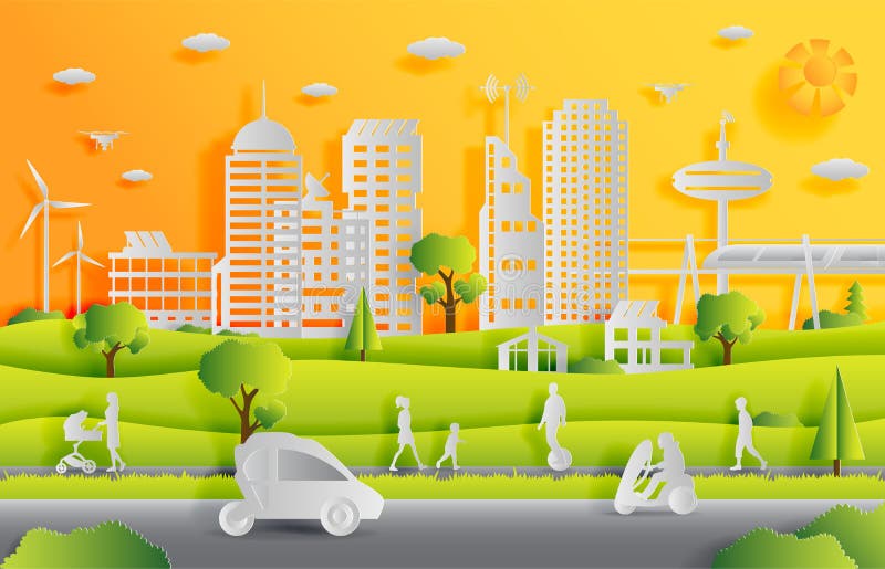 Concept of smart city with technologies of future and urban innovations, paper cut design vector illustration. Concept of smart city with technologies of future and urban innovations, paper cut design vector illustration