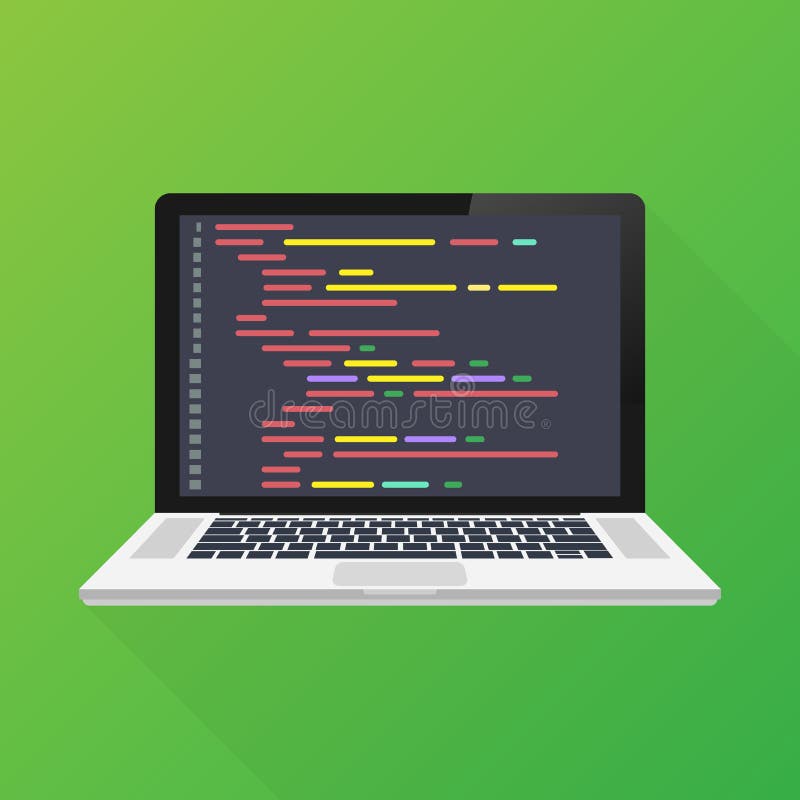 Conceito vetorial de portátil a programar. Desenvolvedor web, design, programação. Código no ecrã do portátil. Ilustração vetorial ilustração royalty free