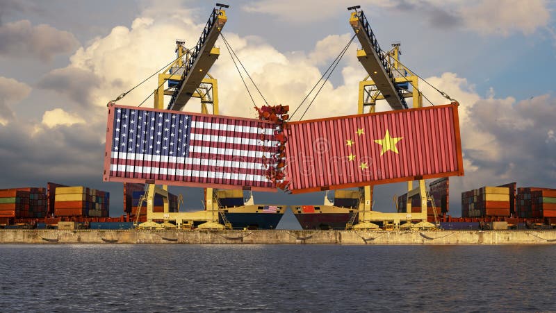 Concept of trade confrontation between China and USA. The landing of containers with US and Chinese flags. Rendering 3d. Concept of trade confrontation between China and USA. The landing of containers with US and Chinese flags. Rendering 3d