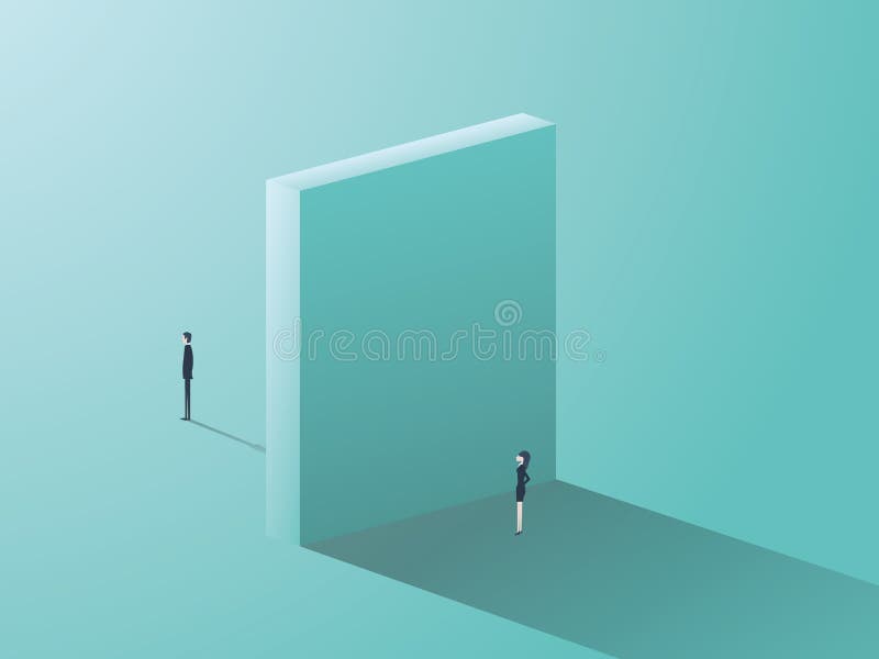 Conceito da desigualdade do gênero do negócio com símbolo do homem de negócios e da mulher de negócios e parede enorme entre eles ilustração stock Conceito da desigualdade do gênero do negócio com símbolo do homem de negócios e da mulher de negócios e parede enorme entre eles ilustração stock