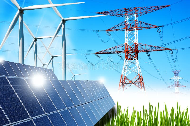 Conceito da energia renovável com os painéis solares e as turbinas eólicas das conexões da grade