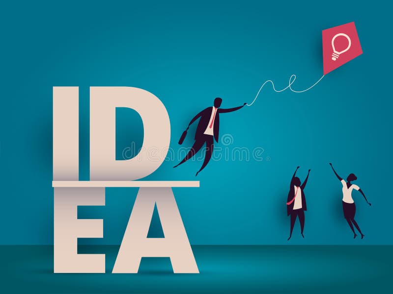 Business idea concept. Managers struggling for kite with lightbulb as metaphor for innovation or startup. Conceptual vector illustration for solution or challenge. Corporate employees competition. Business idea concept. Managers struggling for kite with lightbulb as metaphor for innovation or startup. Conceptual vector illustration for solution or challenge. Corporate employees competition.