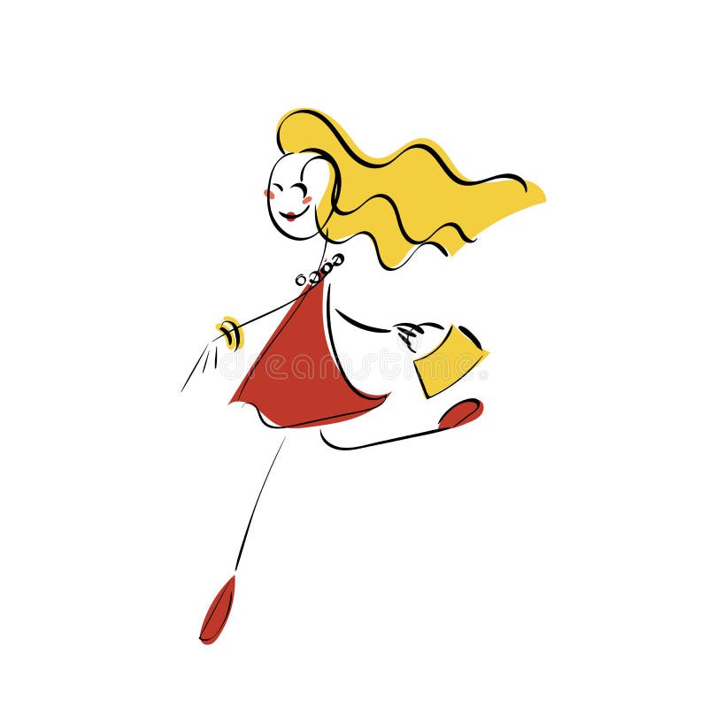 Conceito da ilustração do stickman da garatuja Menina do encanto no vestido vermelho na HASTE da compra ilustração royalty free Conceito da ilustração do stickman da garatuja Menina do encanto no vestido vermelho na HASTE da compra ilustração royalty free