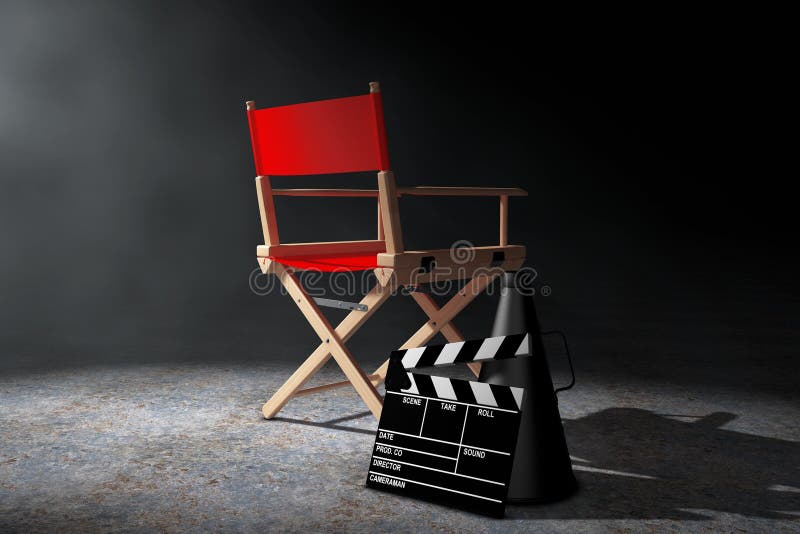 Conceito da indústria do cinema Diretor vermelho Cadeira, válvula do filme e M ilustração stock Conceito da indústria do cinema Diretor vermelho Cadeira, válvula do filme e M ilustração stock