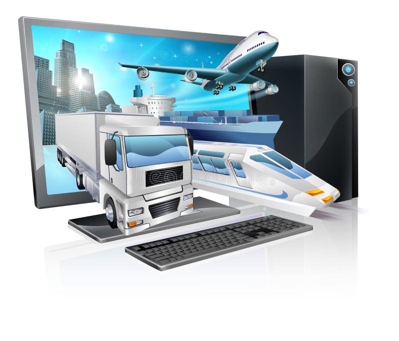 A desktop computer with truck, train, plane, and ship coming out of screen. Logistics transport or delivery concept. A desktop computer with truck, train, plane, and ship coming out of screen. Logistics transport or delivery concept.