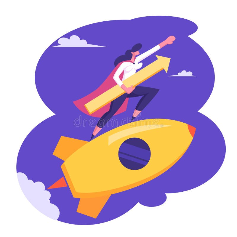 Conceito da partida com o empresário feliz Character Flying do super-herói em Rocket no céu com Underarm da seta ilustração royalty free Conceito da partida com o empresário feliz Character Flying do super-herói em Rocket no céu com Underarm da seta ilustração royalty free