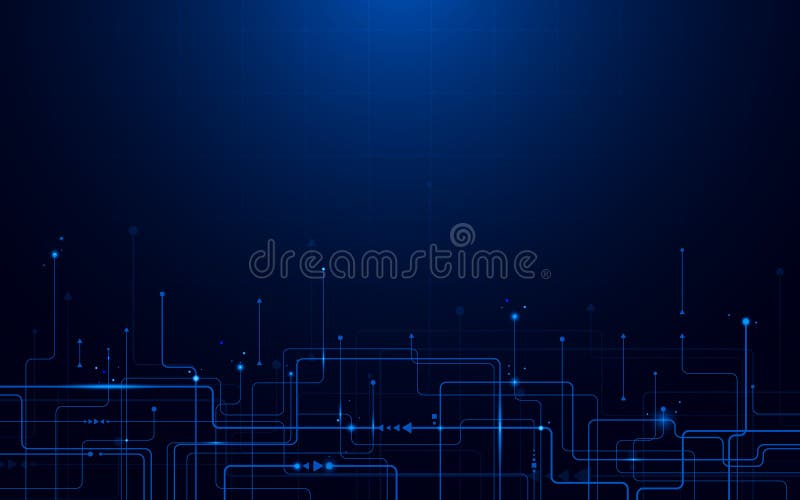 Conceito da placa de circuito futurista abstrata e da tecnologia digital da Olá!-tecnologia Escuro - fundo azul Conceito da placa de circuito futurista abstrata e da tecnologia digital da Olá!-tecnologia Escuro - fundo azul