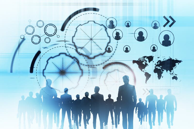 Conceito da reunião, dos trabalhos de equipa e da tecnologia ilustração stock Conceito da reunião, dos trabalhos de equipa e da tecnologia ilustração stock