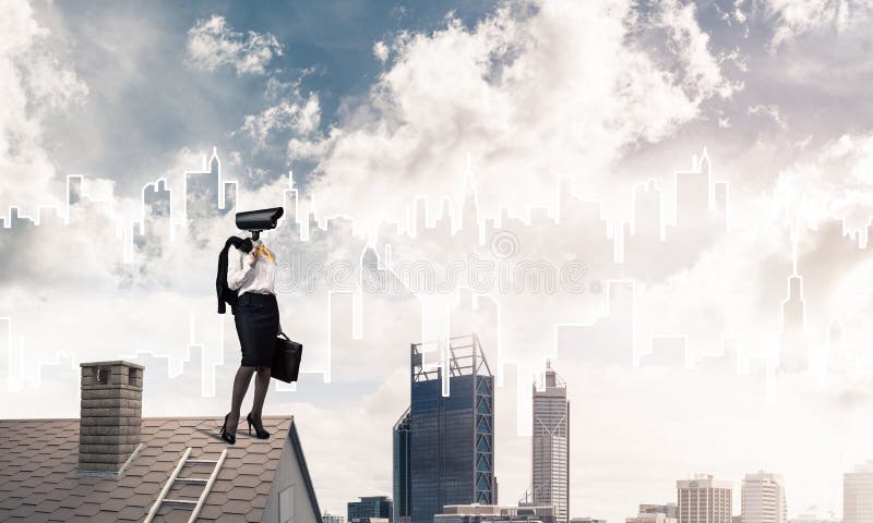 Conceito da segurança interna e da proteção de privacidade com cabeça de câmera ilustração do vetor