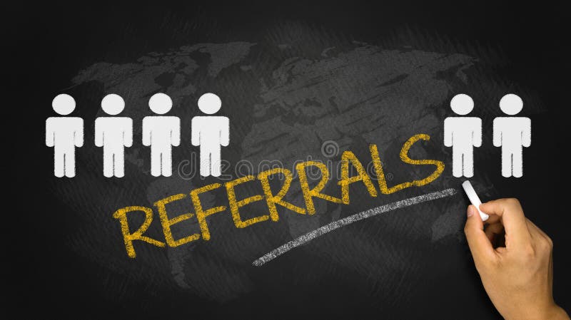 Referrals concept handwritten on blackboard. Referrals concept handwritten on blackboard