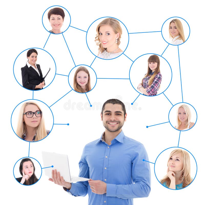 Conceito datando em linha - homem considerável com portátil e seu social imagens de stock Conceito datando em linha - homem considerável com portátil e seu social imagens de stock