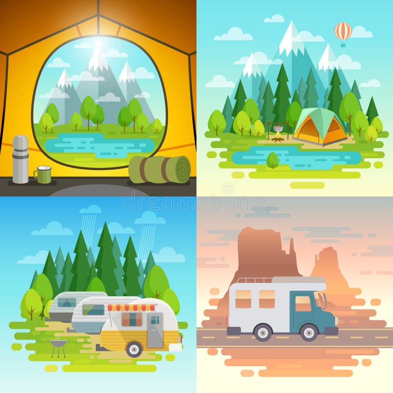 Conceito de acampamento, barraca, caravana, casa em weels ilustração do vetor Conceito de acampamento, barraca, caravana, casa em weels ilustração do vetor