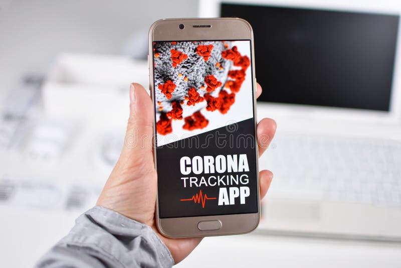 Conceito de aplicativo corona de rastreamento de vírus com celular de retenção manual com design de aplicativo na tela