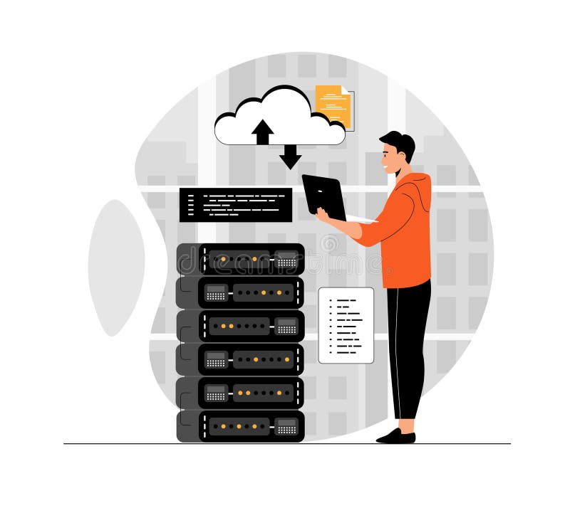 Conceito de armazenamento de computação em nuvem. homem desenvolvedor trabalhando na codificação e programação de laptop usando nu ilustração do vetor