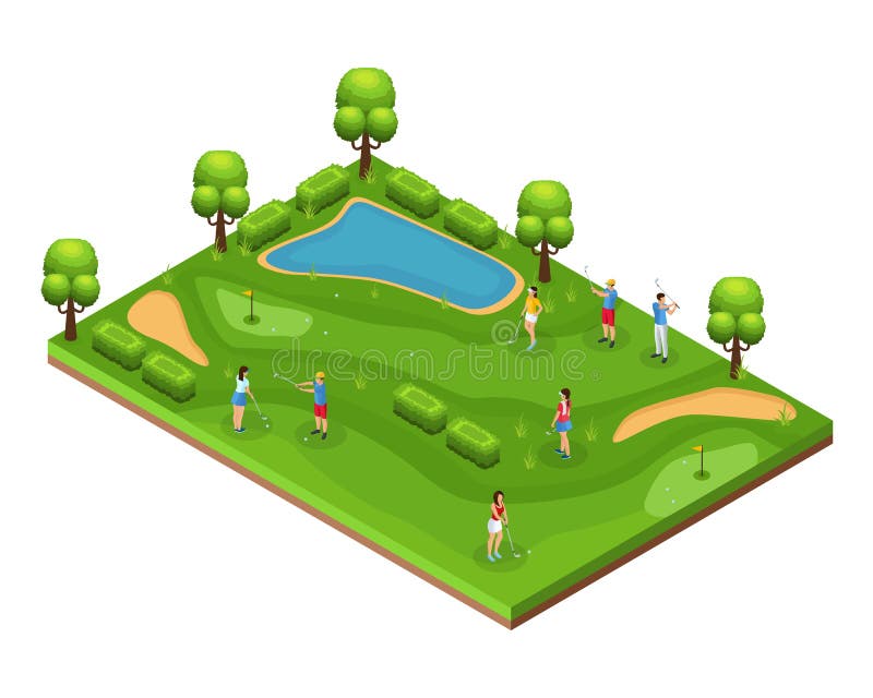 Conceito de infográfico de jogo de golfe isométrico com jogadores de  carrinho de golfe vestindo roupas esportivas e segurando tacos