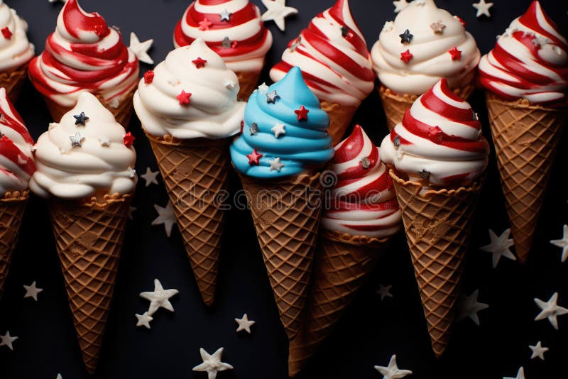 Concept of celebrating America's Independence Day on July 4th. Top view flat image of a pattern of ice cream in a waffle cone in the colors of the national flag of blue, red, white balls with stars on a blue background. Concept of celebrating America's Independence Day on July 4th. Top view flat image of a pattern of ice cream in a waffle cone in the colors of the national flag of blue, red, white balls with stars on a blue background