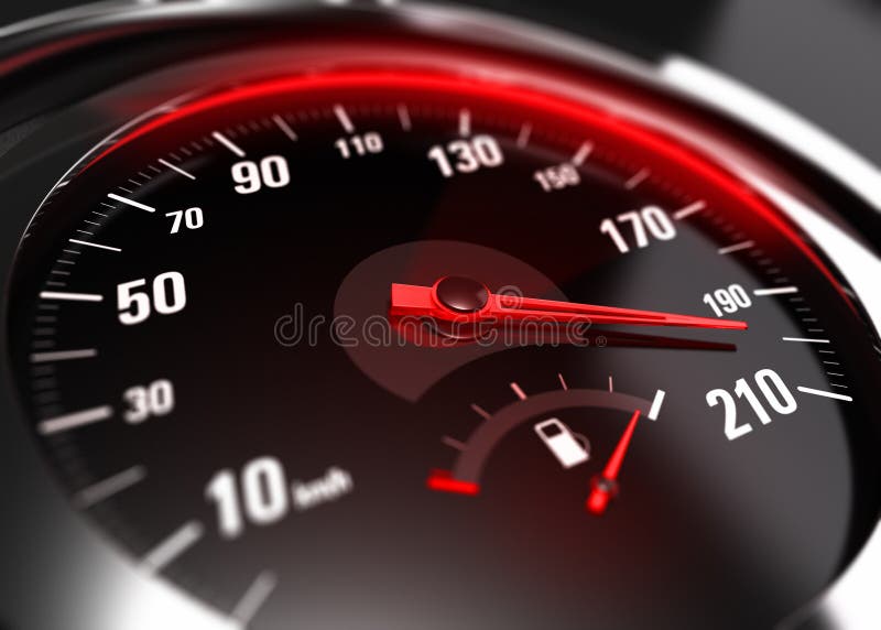 Close up of a car speedometer with the needle pointing a high speed, blur effect, conceptual image for excessive speeding or careless driving concept. Close up of a car speedometer with the needle pointing a high speed, blur effect, conceptual image for excessive speeding or careless driving concept