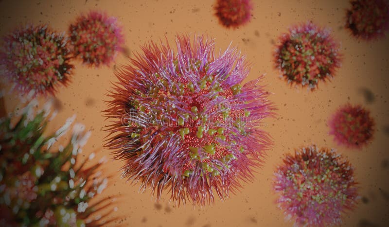 Conceito de coronavírus. visão de conjunto de um vírus através de um microscópio. células da doença flutuantes no plasma. surto de