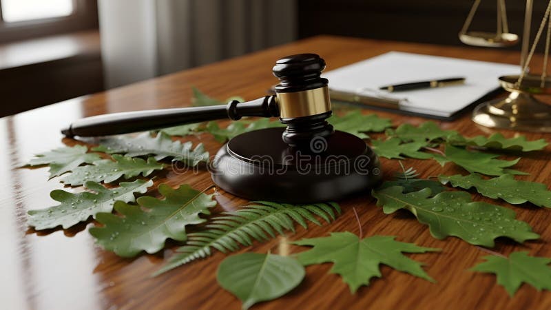 Conceito de Direito Ambiental com Martelo e Folhas Verdes ilustração stock